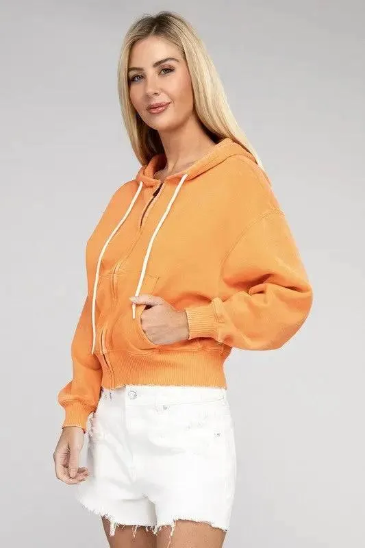 Zenana fleece cropped zip-up hoodie