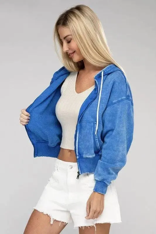 Zenana fleece cropped zip-up hoodie