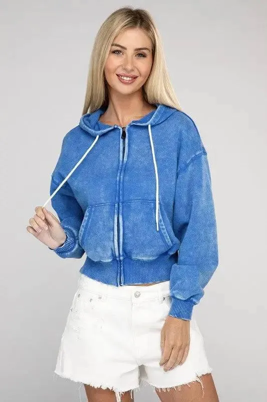 Zenana fleece cropped zip-up hoodie