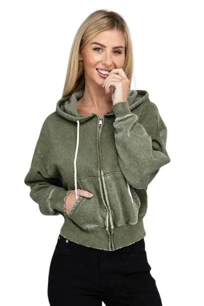 Zenana fleece cropped zip-up hoodie