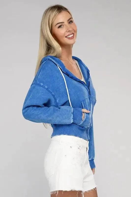 Zenana fleece cropped zip-up hoodie